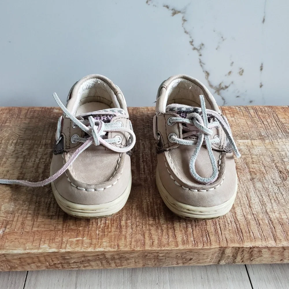 Sperry Kids Songfish Boat Shoe Toddler 5.5 Tan Pink Cheetah Bluefish Memory Foam